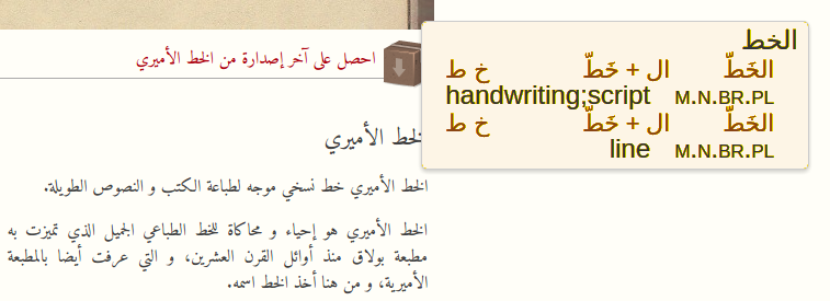 Screenshot showing Fahm in use. The web site used as example is the Amiri font website